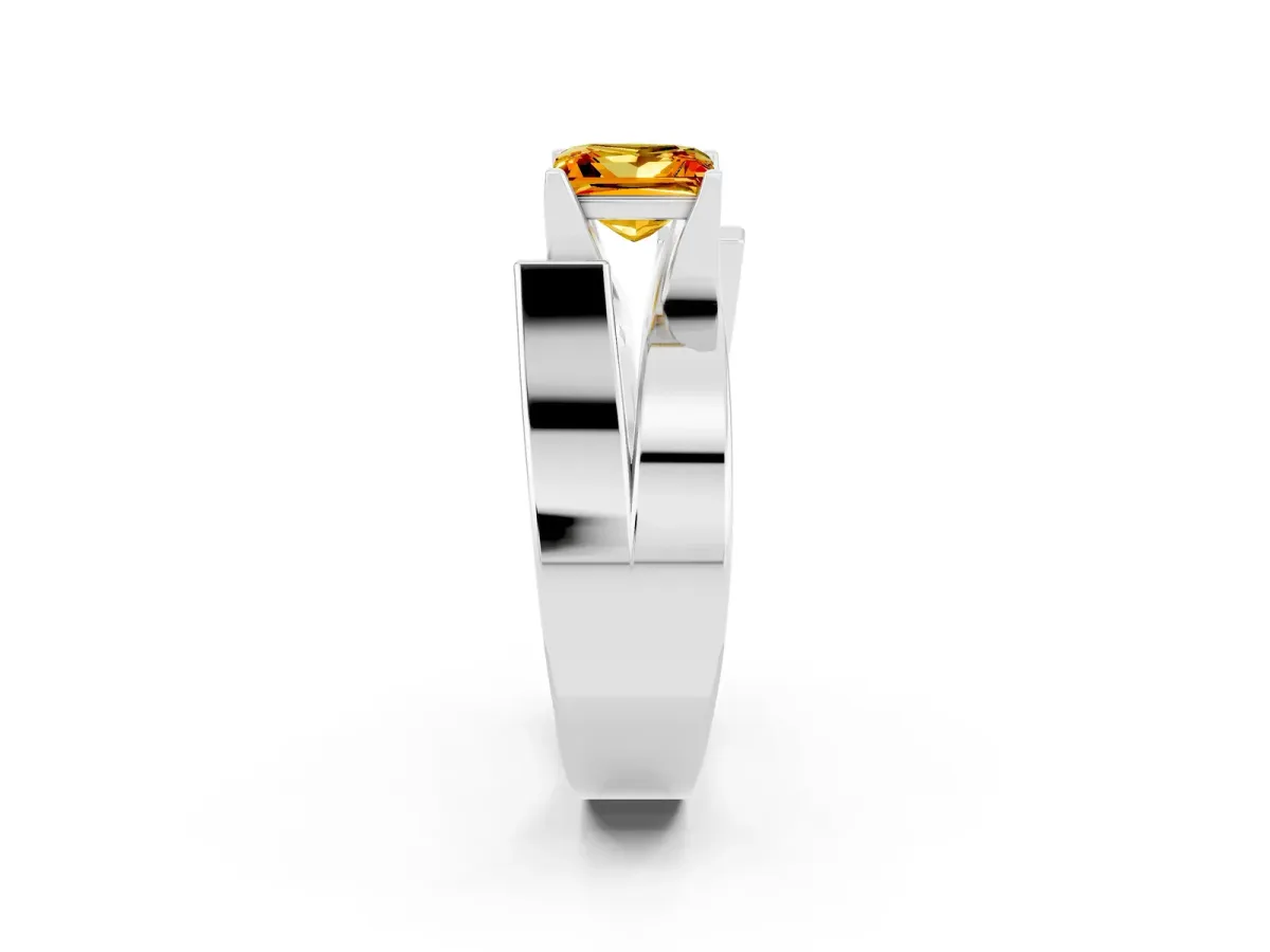 Modern Tension Set Princess Cut Citrine Solitaire Wide Band Ring Silver