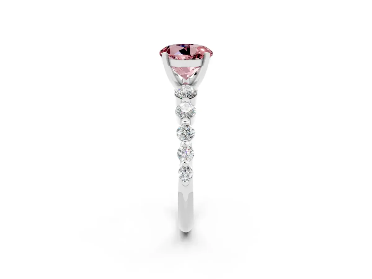 Round Cut Solitaire Morganite Ring with Pave Band and Four-Prong Setting Silver