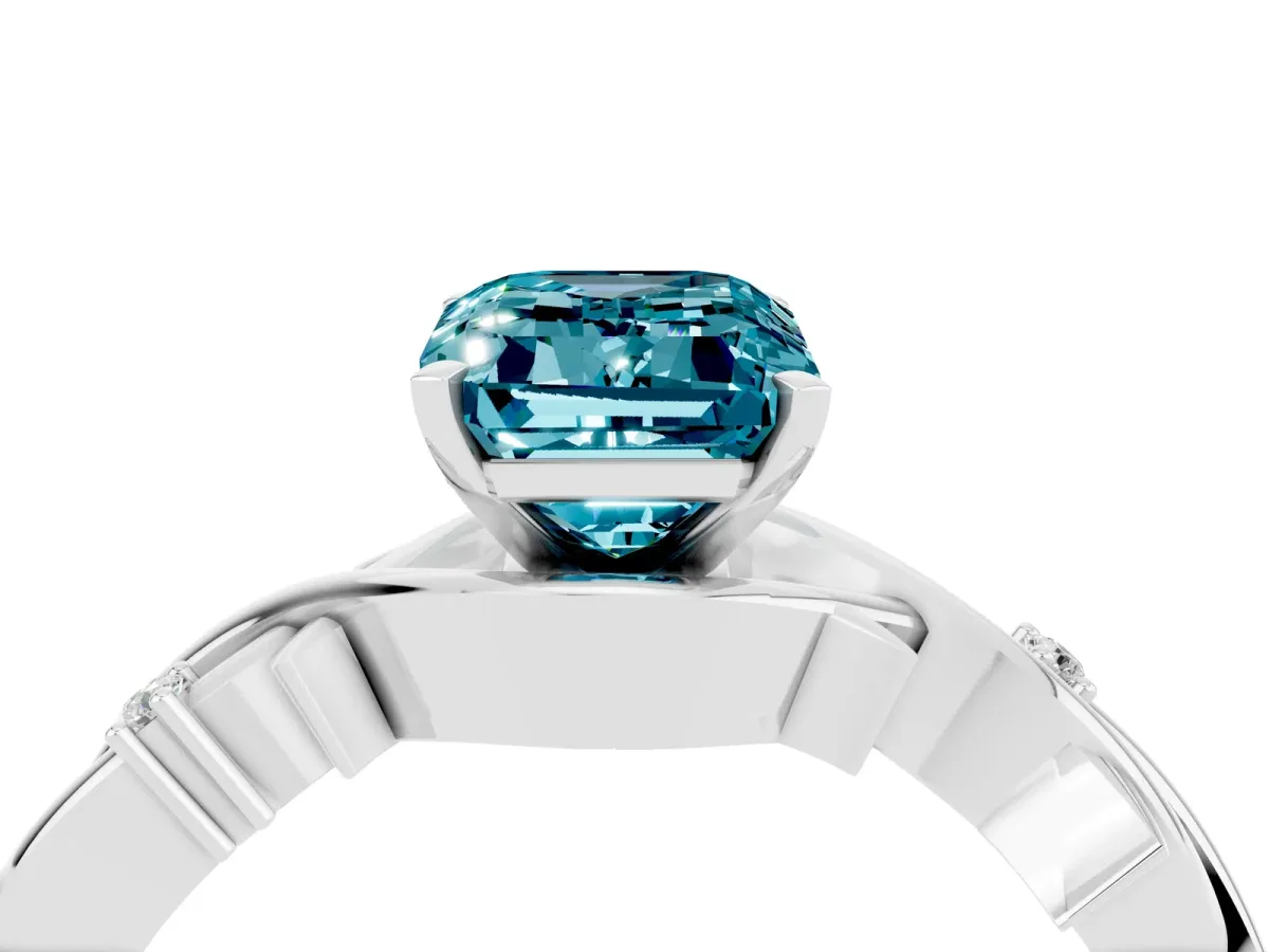 Emerald Cut Blue Topaz Solitaire Ring with Twisted Band and Prong Setting Silver