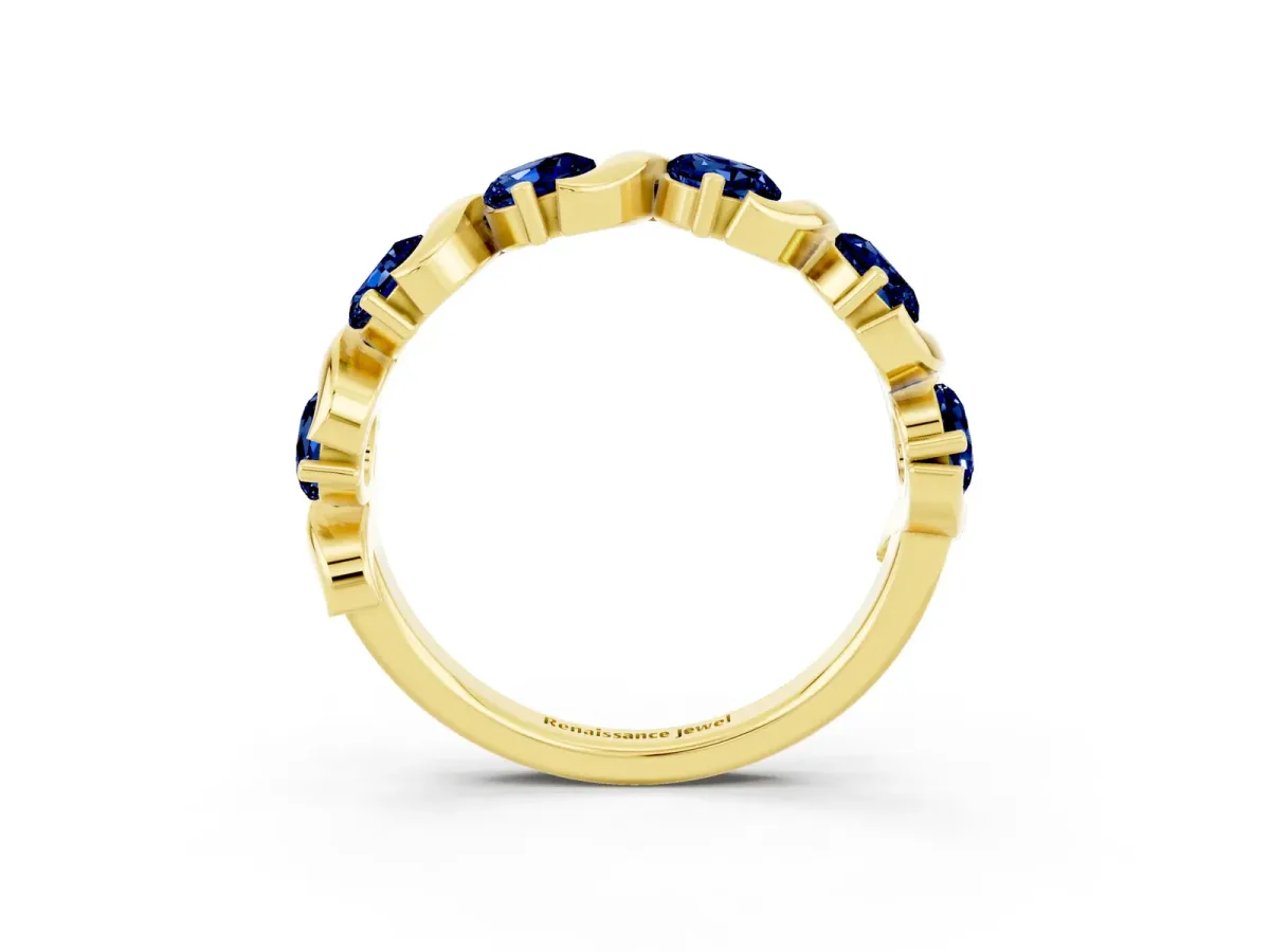 Six-Stone Round Blue Sapphire Wave Band with Shared Prong Setting Yellow gold
