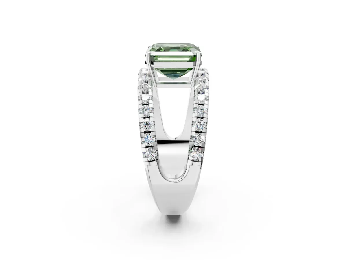 Fancy Green Asscher Cut Solitaire Split Shank Pave Diamond Ring Platinum