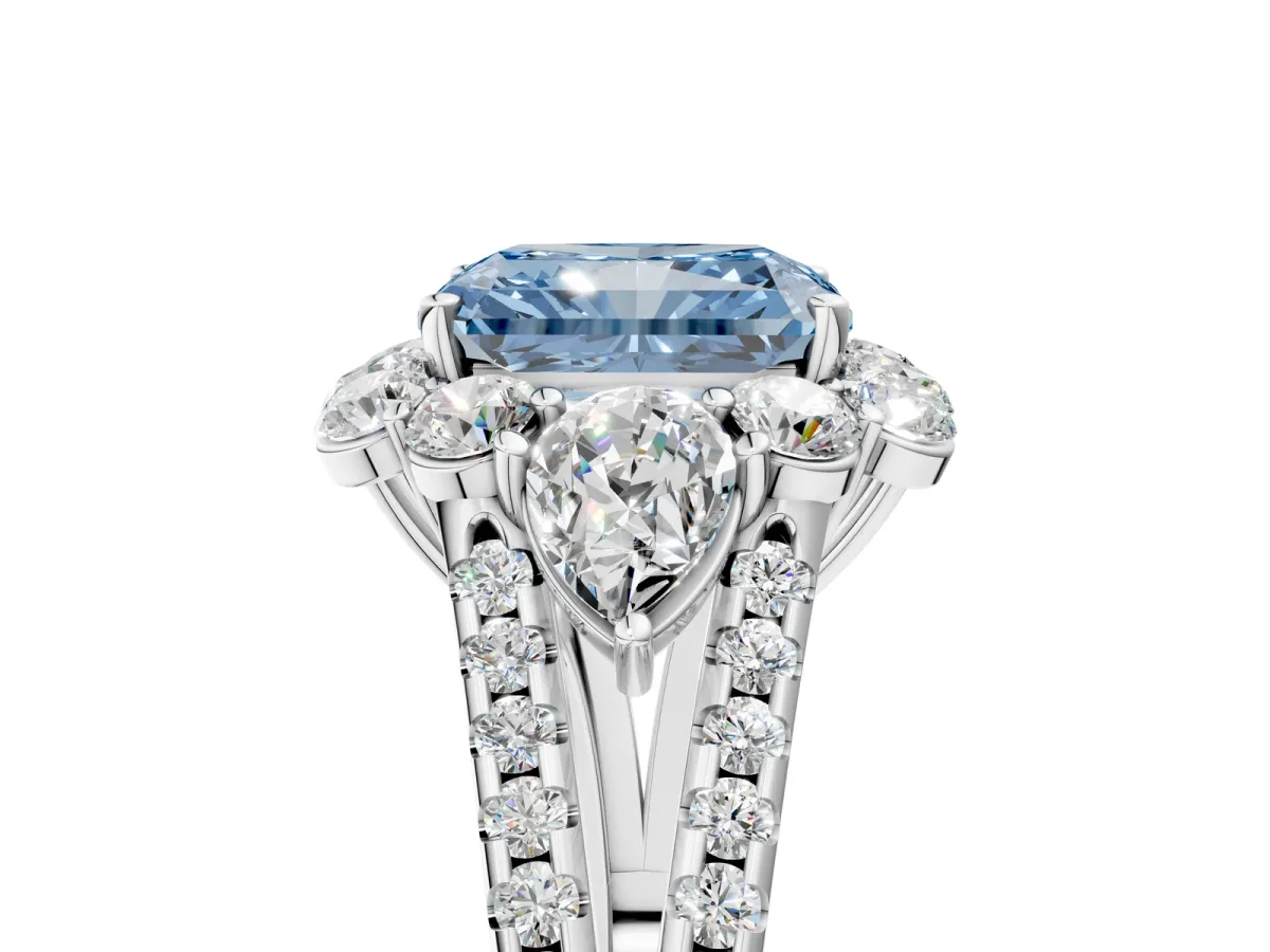 Fancy Blue Radiant Cut Halo Split Shank Diamond Engagement Ring with Prong Setting Platinum
