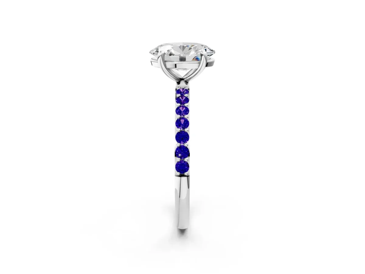 Oval Cut Diamond Solitaire Ring with Round Tanzanite Pavé Band and Prong Setting Silver