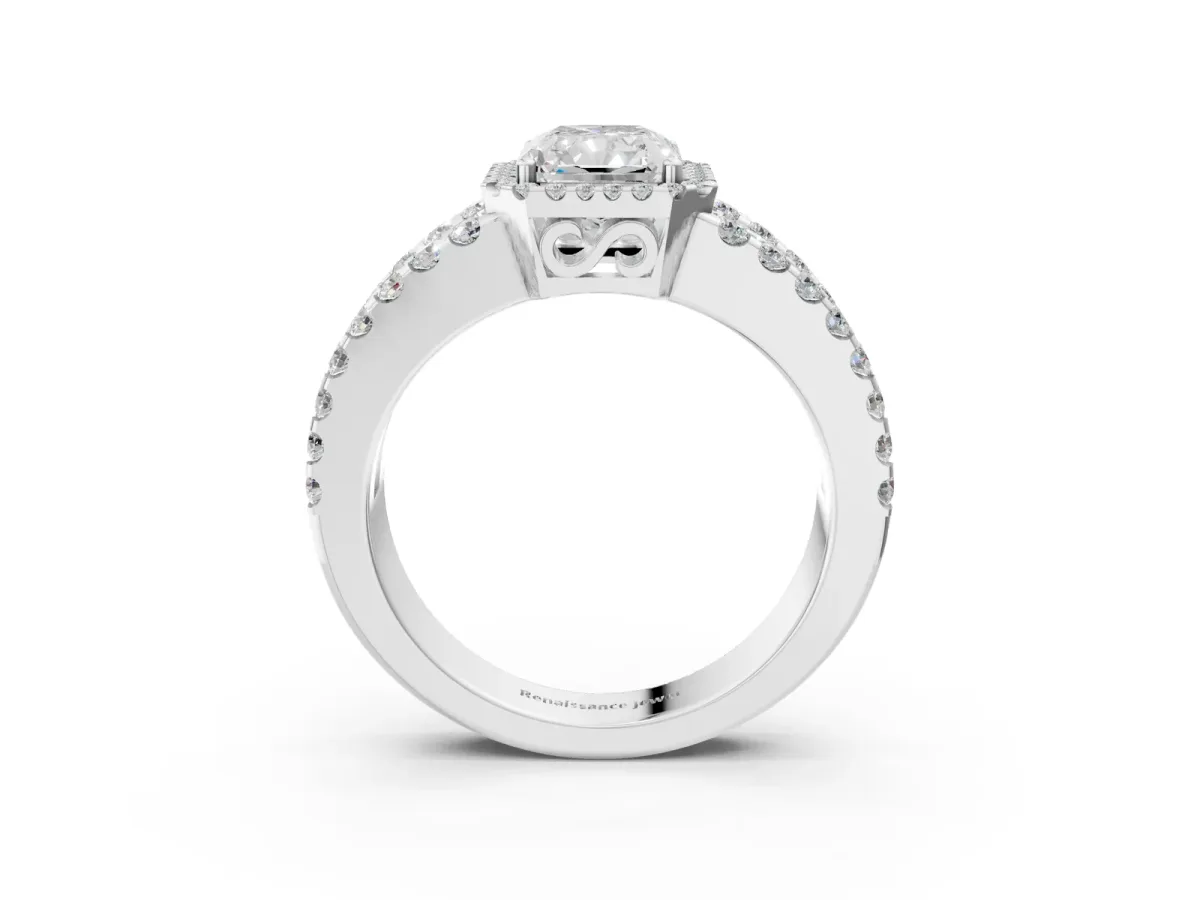 Radiant Cut Cut Halo Split Shank Diamond Ring with Four-Prong Setting Platinum