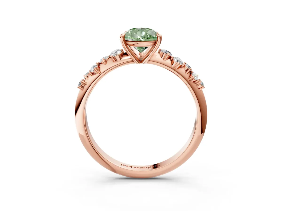 Fancy Green Pear Cut Diamond Cluster Side Stone Solitaire Ring with Prong Setting Rose gold