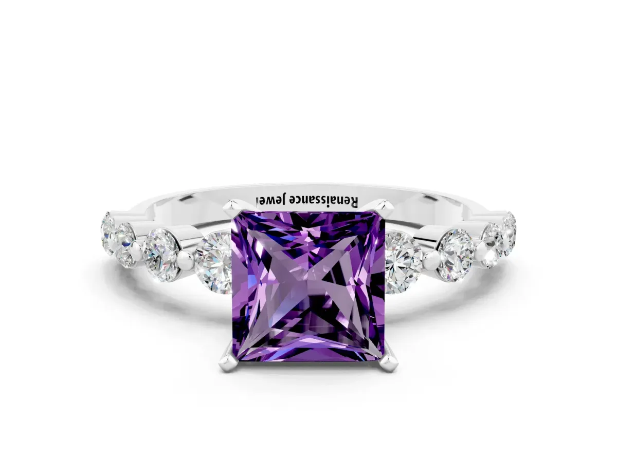 Princess Cut Solitaire Amethyst Ring with Pave Band and Four-Prong Setting Silver