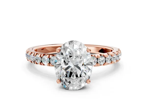 Oval Cut Diamond Pave Band Solitaire Ring with Round Moissanite and Prong Setting Rose gold