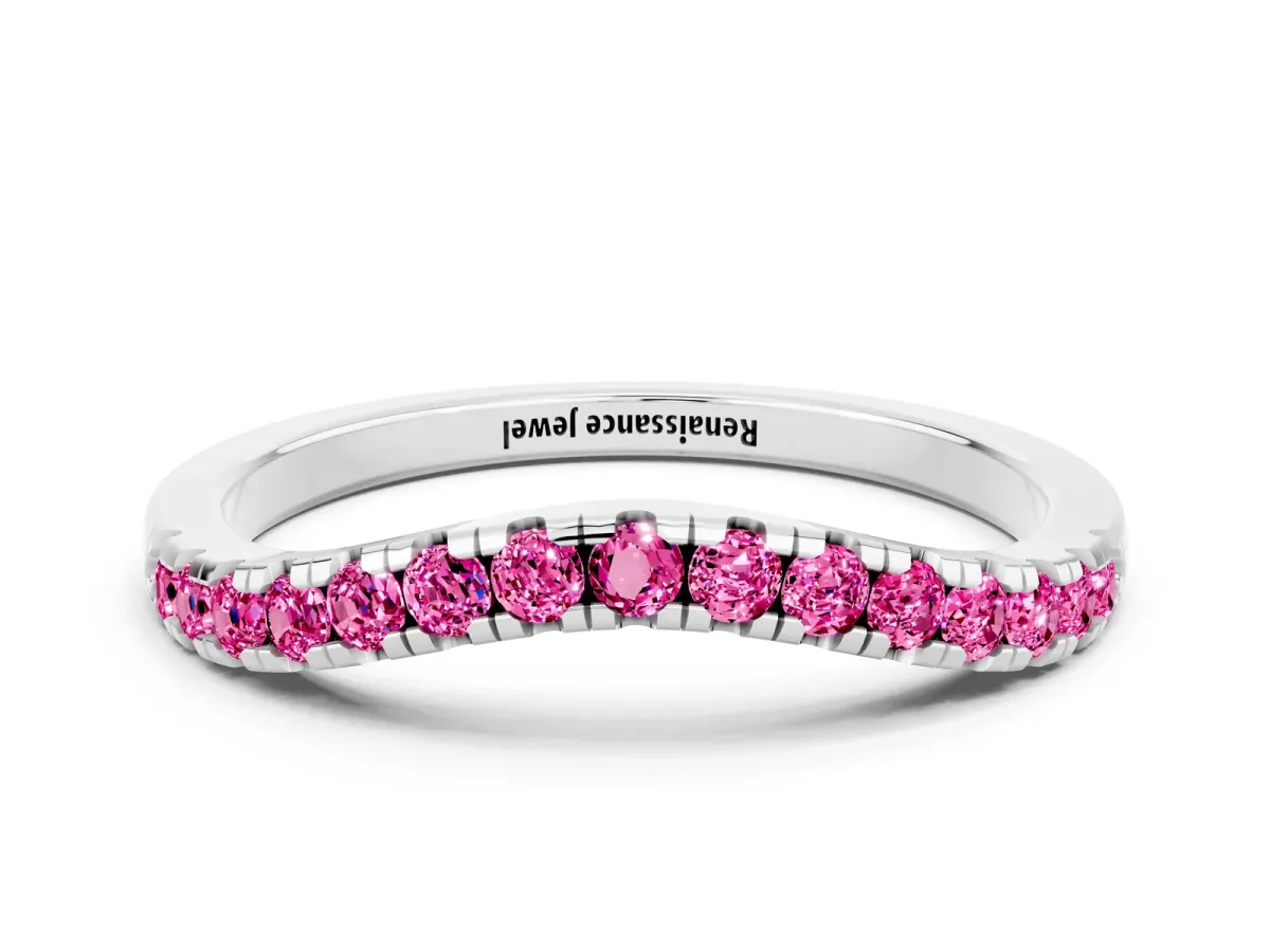 Pink Sapphire Pavé Curved Wedding Band Silver