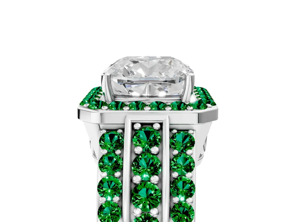 Cushion Cut Halo Diamond Ring with Round Emerald Split Shank and Prong Setting Platinum