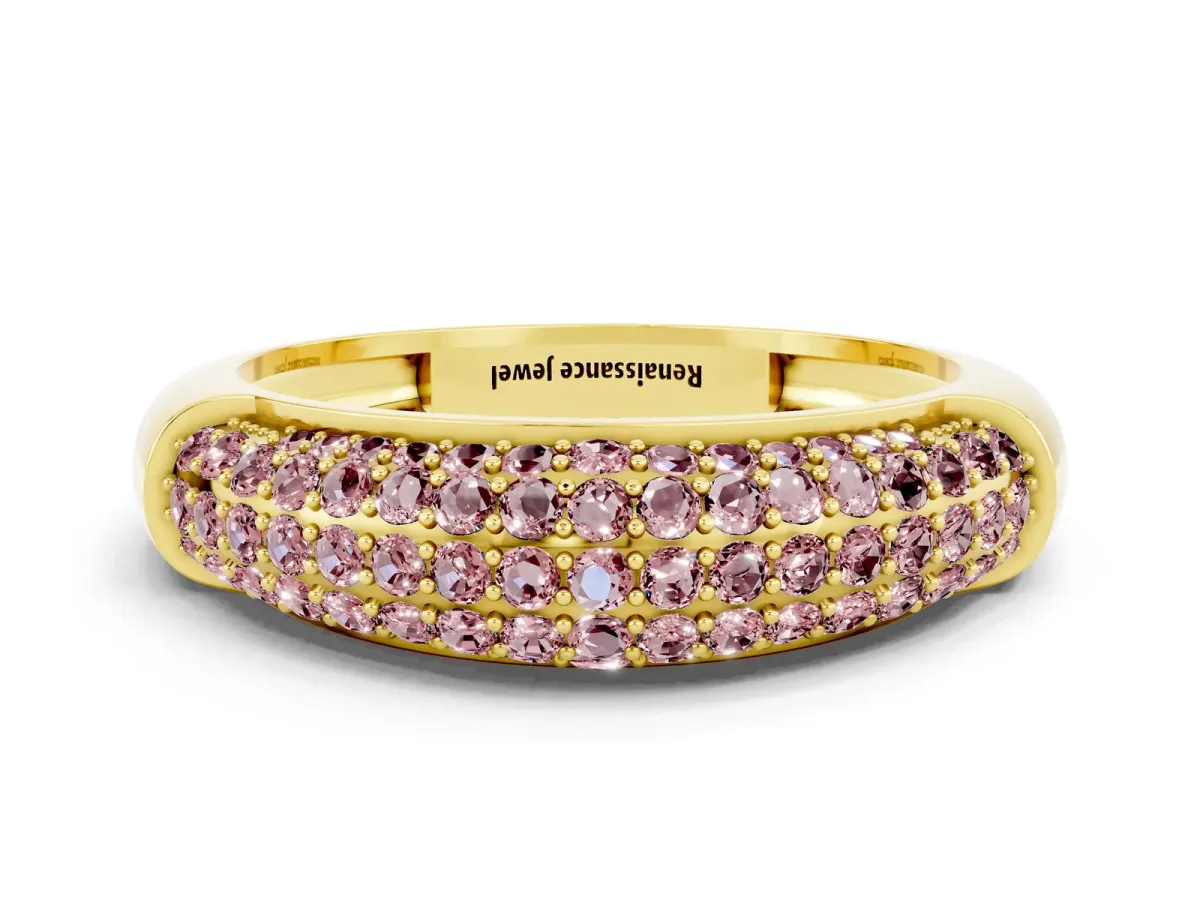 Three-Row Pavé Round Morganite Dome Band Yellow gold