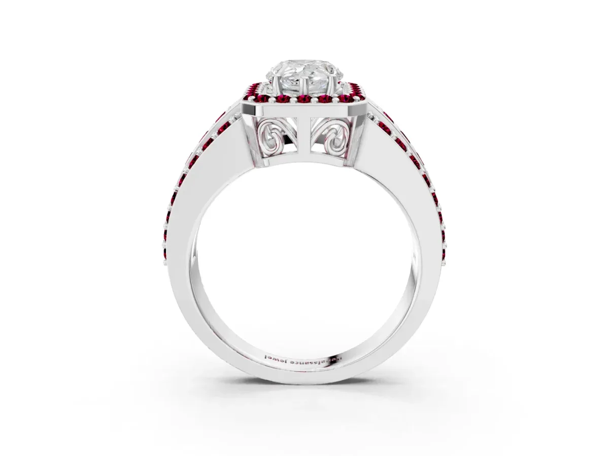 Pear Cut Halo Diamond Ring with Round Garnet Split Shank and Prong Setting Platinum