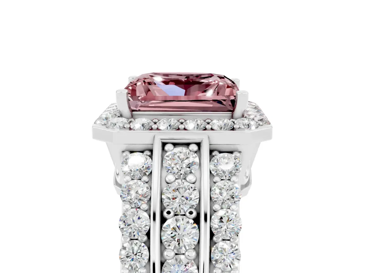 Princess Cut Halo Morganite Ring with Round Split Shank and Prong Setting Silver