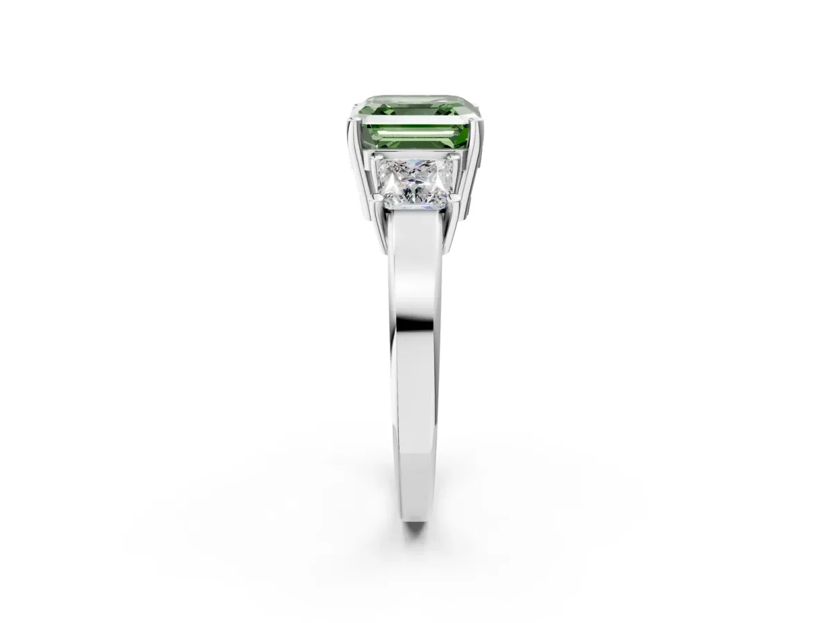 Fancy Green Three-Stone Asscher Cut Cut Solitaire Ring with Prong Setting Platinum