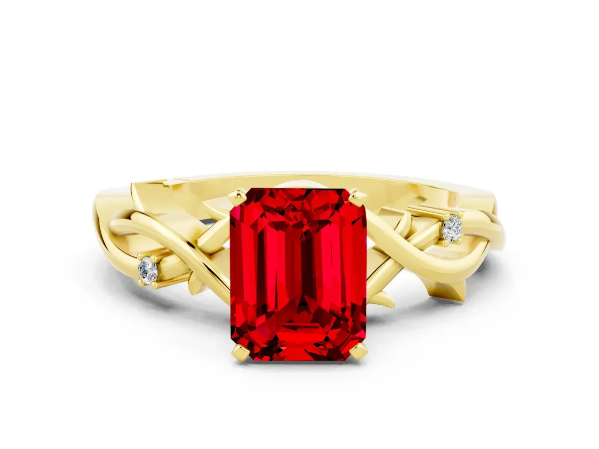Emerald Cut Ruby Solitaire Ring with Twisted Band and Prong Setting Yellow gold