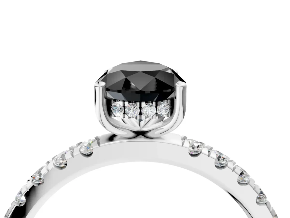 Fancy Black Pear Cut Diamond Pave Band Solitaire Ring with Round and Prong Setting Silver
