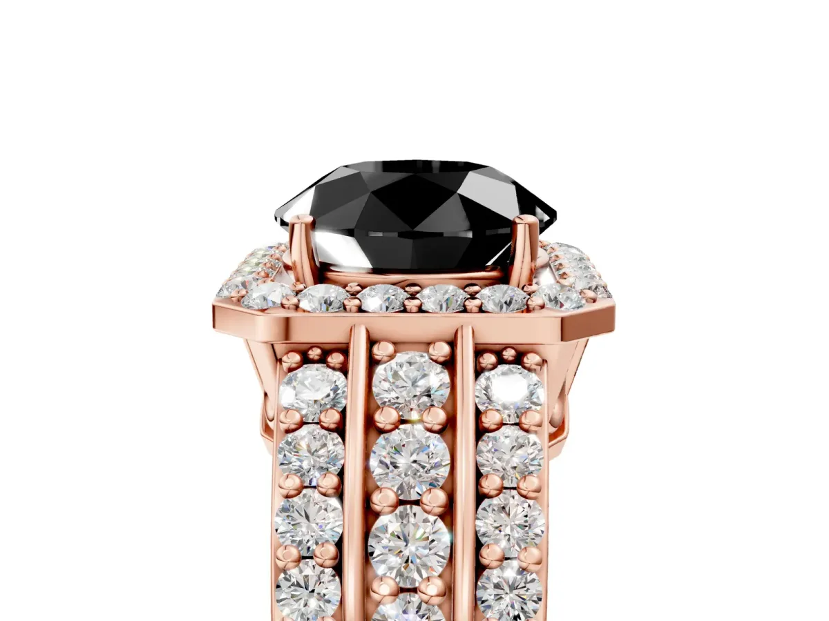 Fancy Black Round Cut Halo Diamond Ring with Round Split Shank and Prong Setting Rose gold