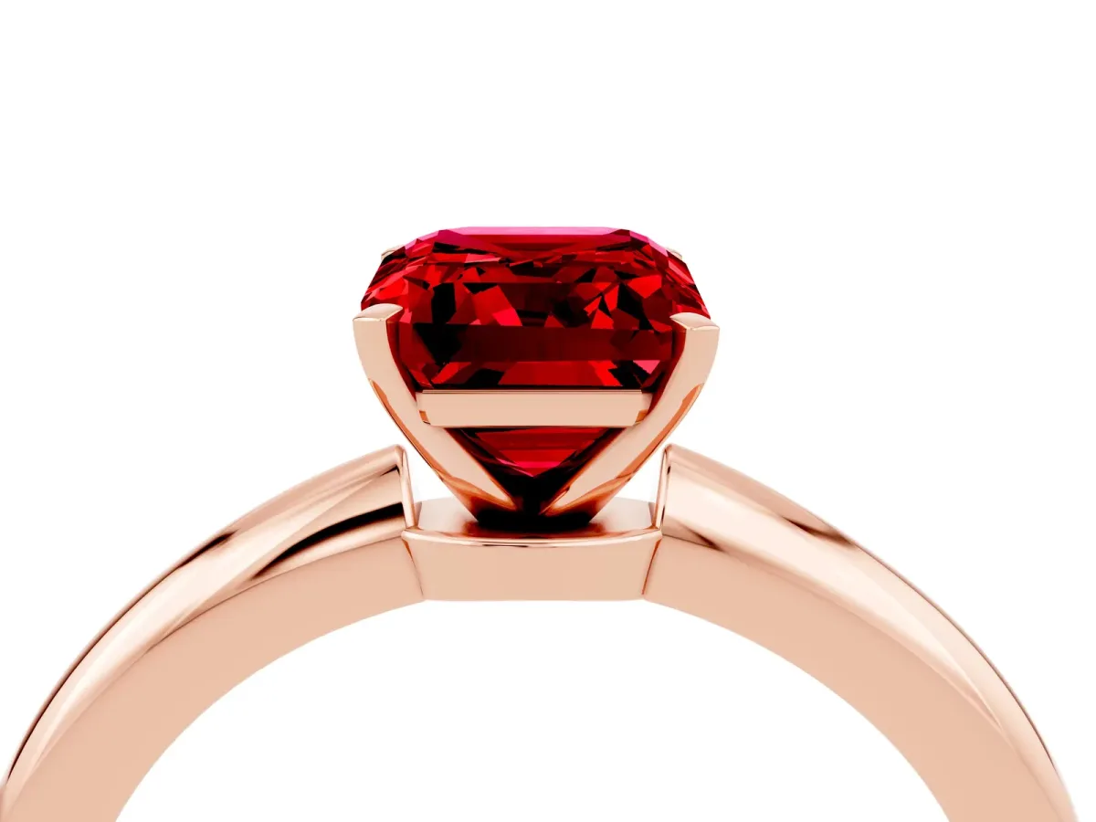 Emerald Cut Ruby Solitaire Ring with Six-Prong Setting and Classic Band Rose gold
