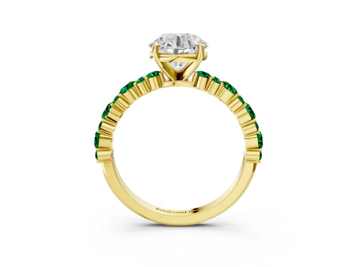 Round Cut Diamond Side Stone Solitaire Ring with Round Emerald and Four-Prong Setting Yellow gold