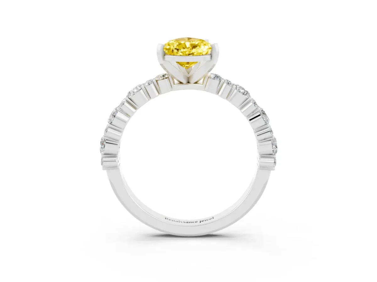 Pear Cut Yellow Sapphire Side Stone Solitaire Ring with Round and Four-Prong Setting Silver