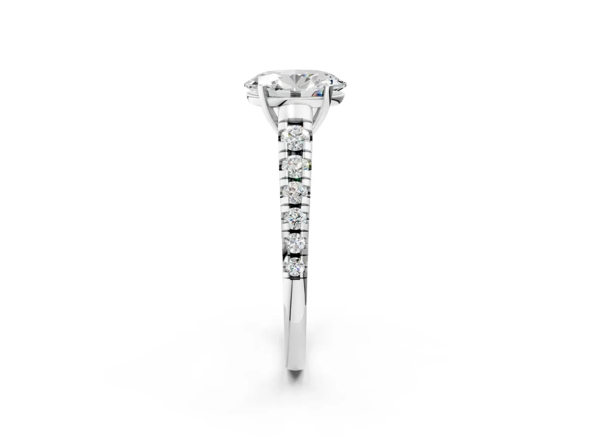 Oval Cut Diamond Cathedral Solitaire Ring with Round Moissanite Pavé Band Silver