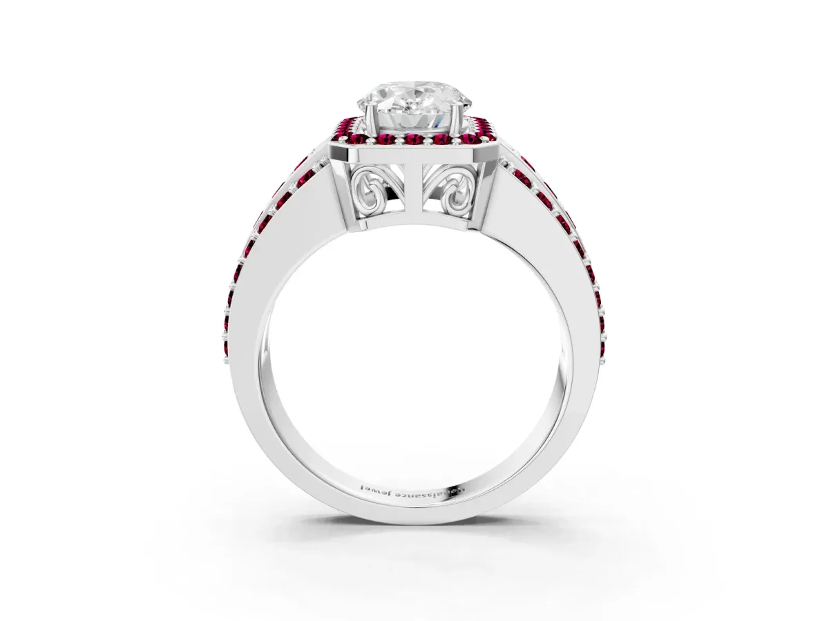Oval Cut Halo Diamond Ring with Round Garnet Split Shank and Prong Setting Silver
