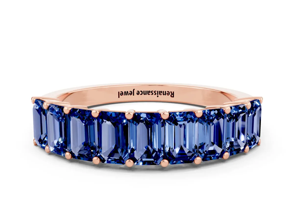 Emerald Cut Blue Sapphire Prong-Set Eternity Band Rose gold