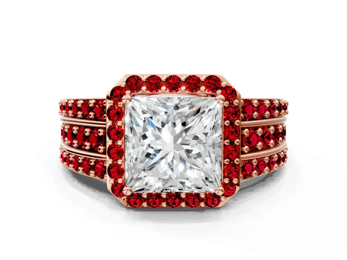 Princess Cut Halo Diamond Ring with Round Ruby Split Shank and Prong Setting Rose gold