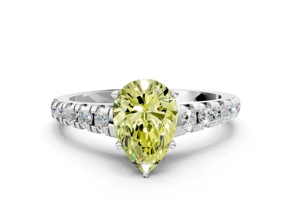 Fancy Yellow Pear Cut Diamond Cathedral Solitaire Ring with Round Pavé Band Silver