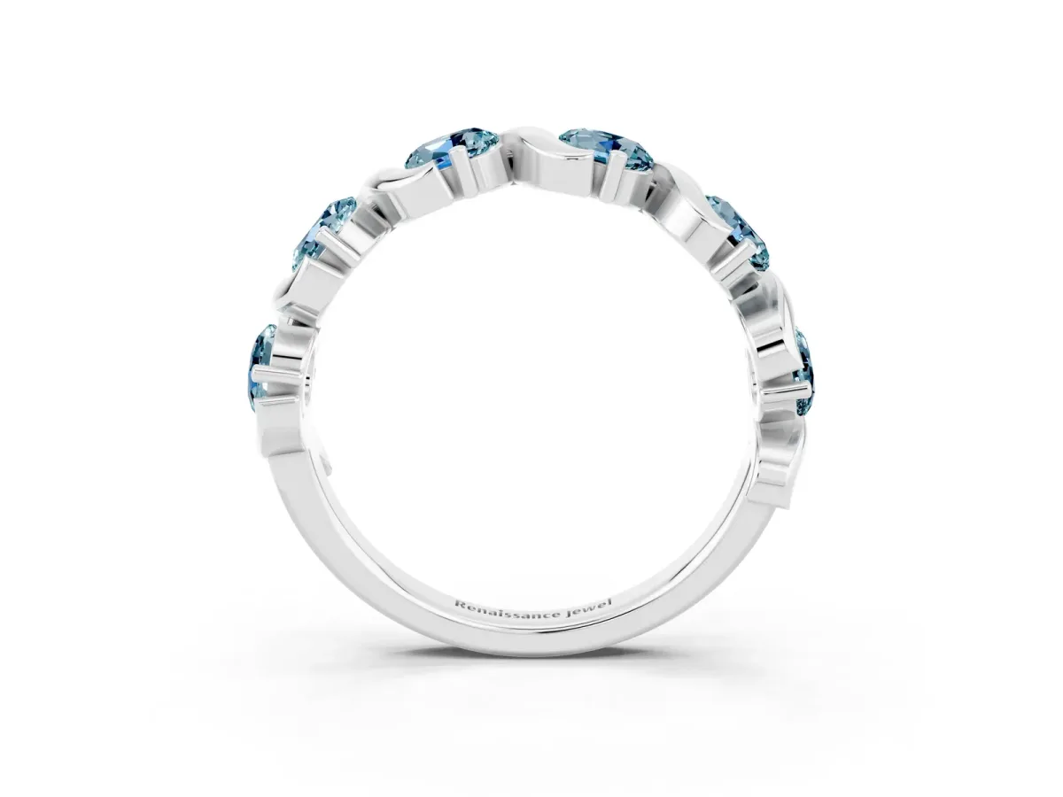 Round Aquamarine Half Eternity Band with Wave Prong Setting Platinum