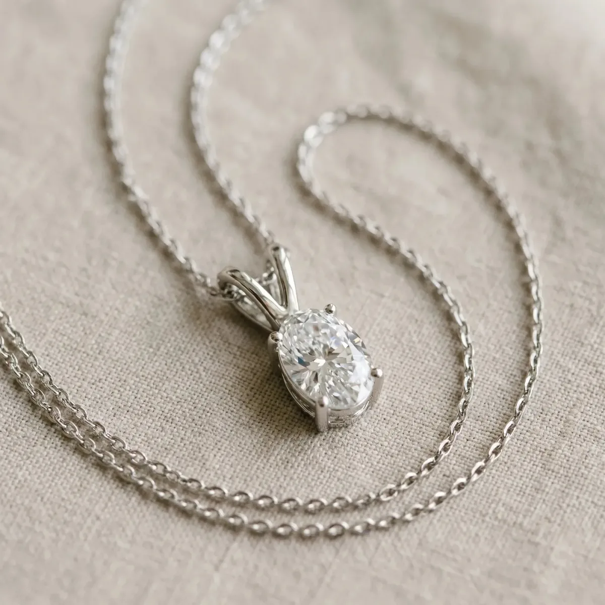 Oval Solitaire Diamond Prong Pendant White gold