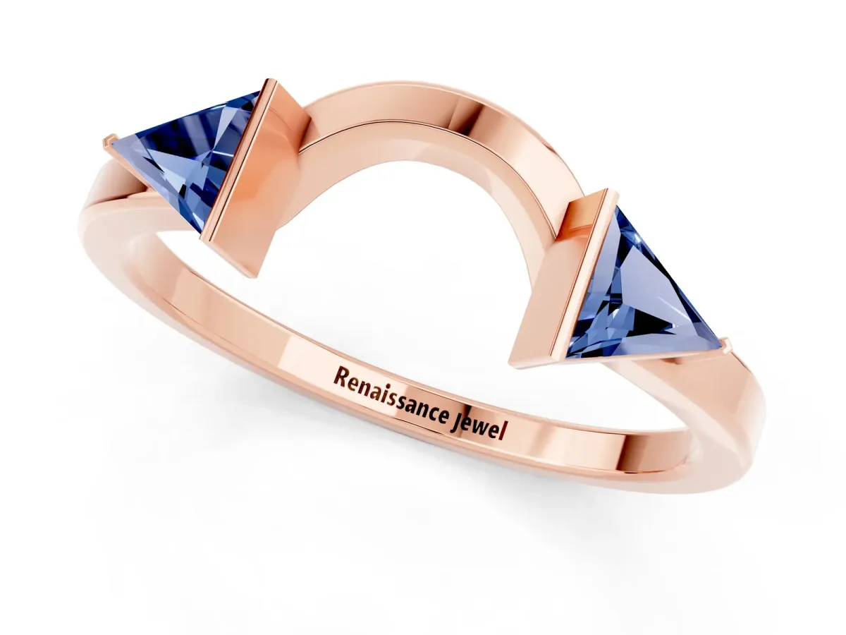 Trillion Blue Sapphire Open Band Ring with Bezel Setting Rose gold