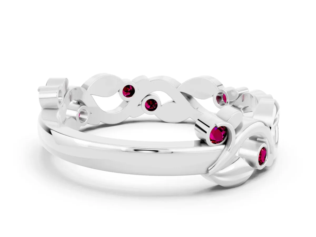 Round Garnet Leaf Eternity Band with Bezel Setting White gold