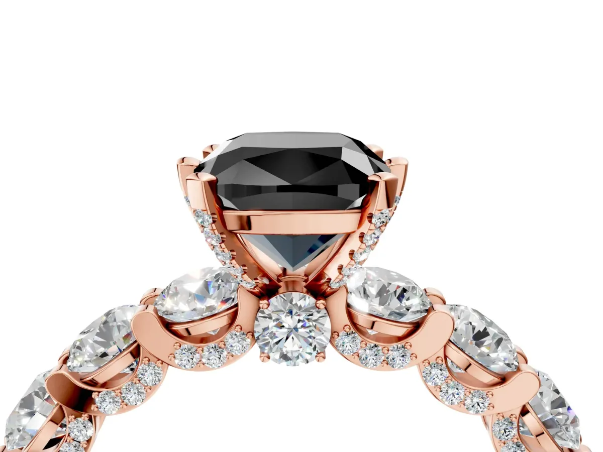 Fancy Black Cushion Cut Diamond Side Stone Engagement Ring with Four-Prong Setting Rose gold