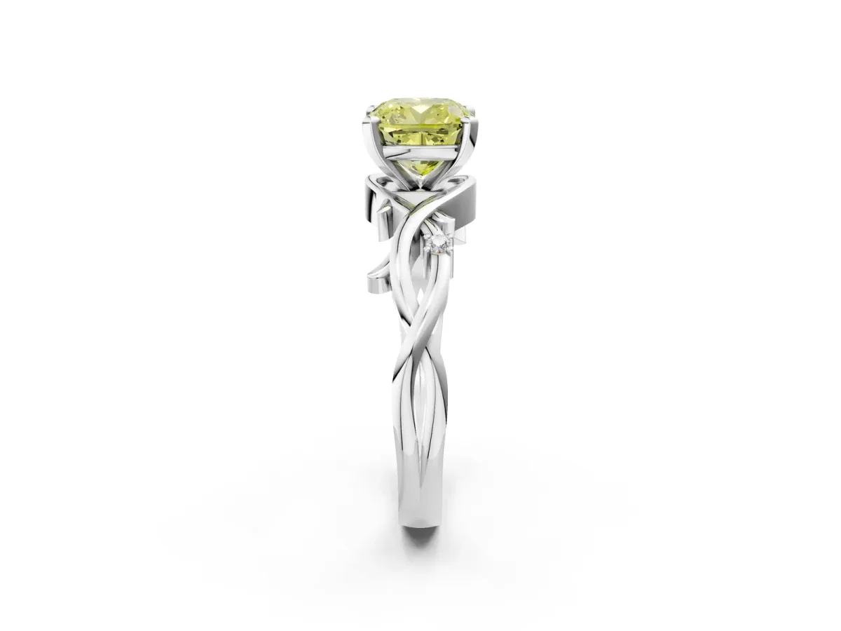 Fancy Yellow Cushion Cut Diamond Solitaire Ring with Twisted Band and Prong Setting Platinum