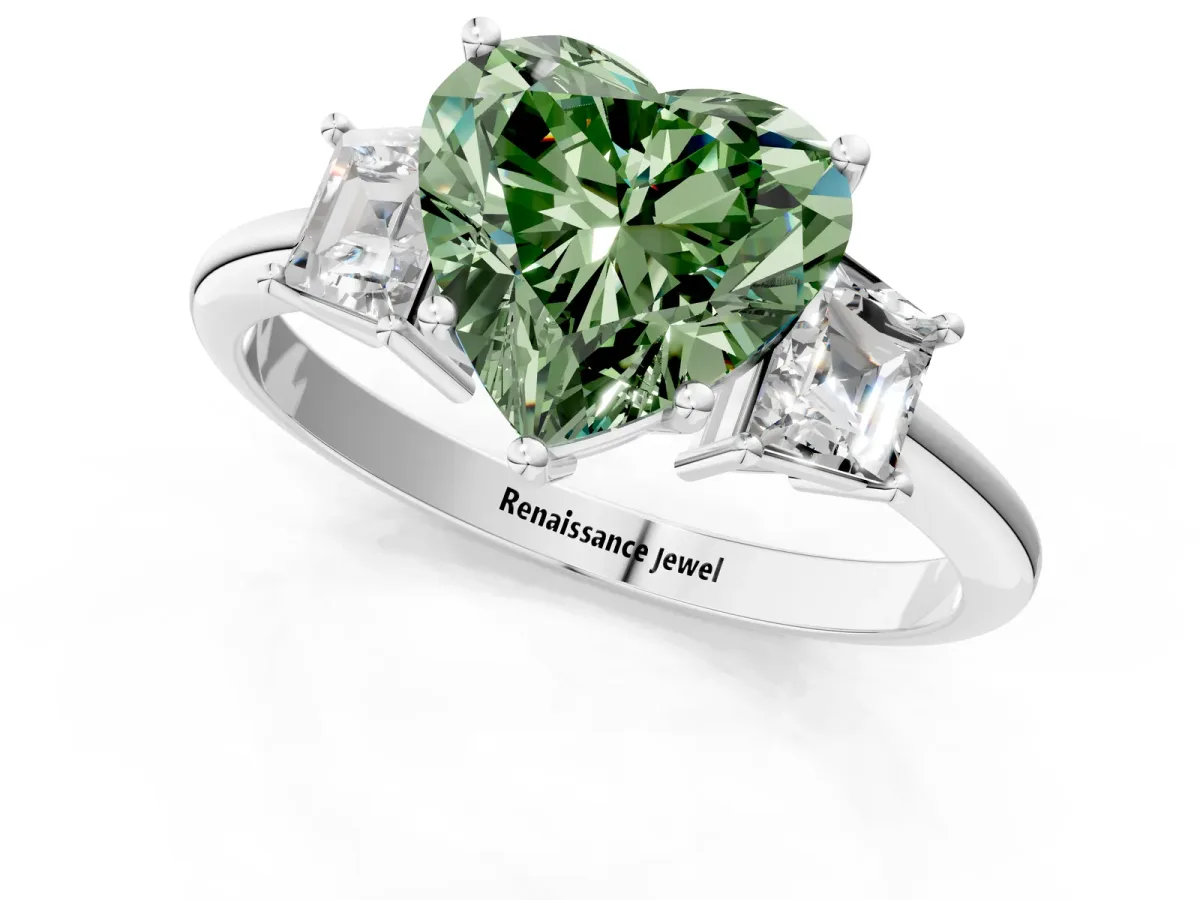 Fancy Green Heart Cut Diamond Three-Stone Ring with Trapezoid Side Stones and Prong Setting Silver