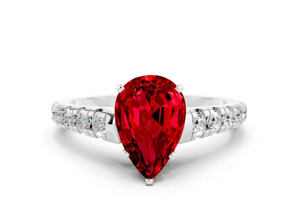 Pear Cut Ruby Cathedral Solitaire Ring with Round Pavé Band Platinum