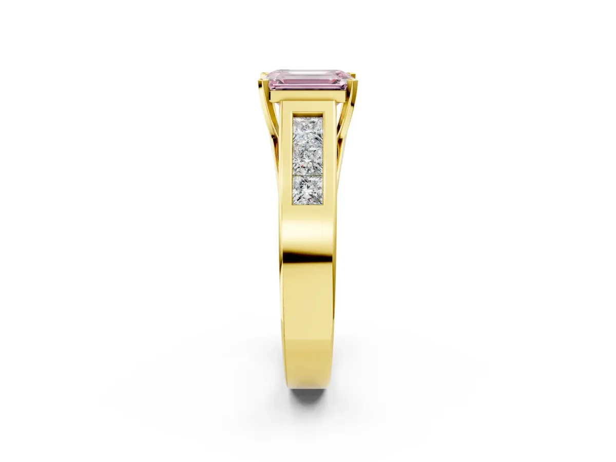 Fancy Pink Emerald Cut Cut Channel Set Solitaire Ring with Four-Prong Setting Yellow gold