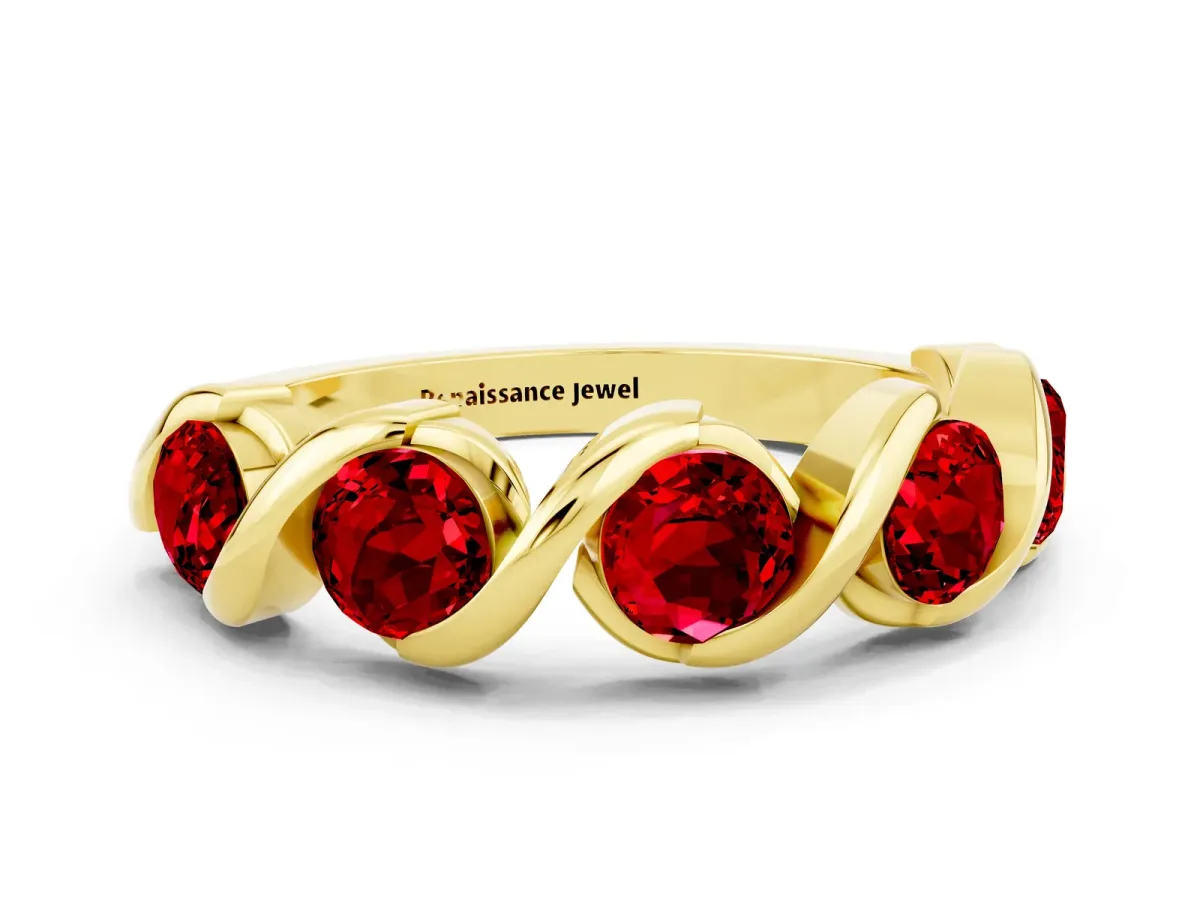 Round Ruby Wave Band with Channel Setting and Shared Prongs Yellow gold