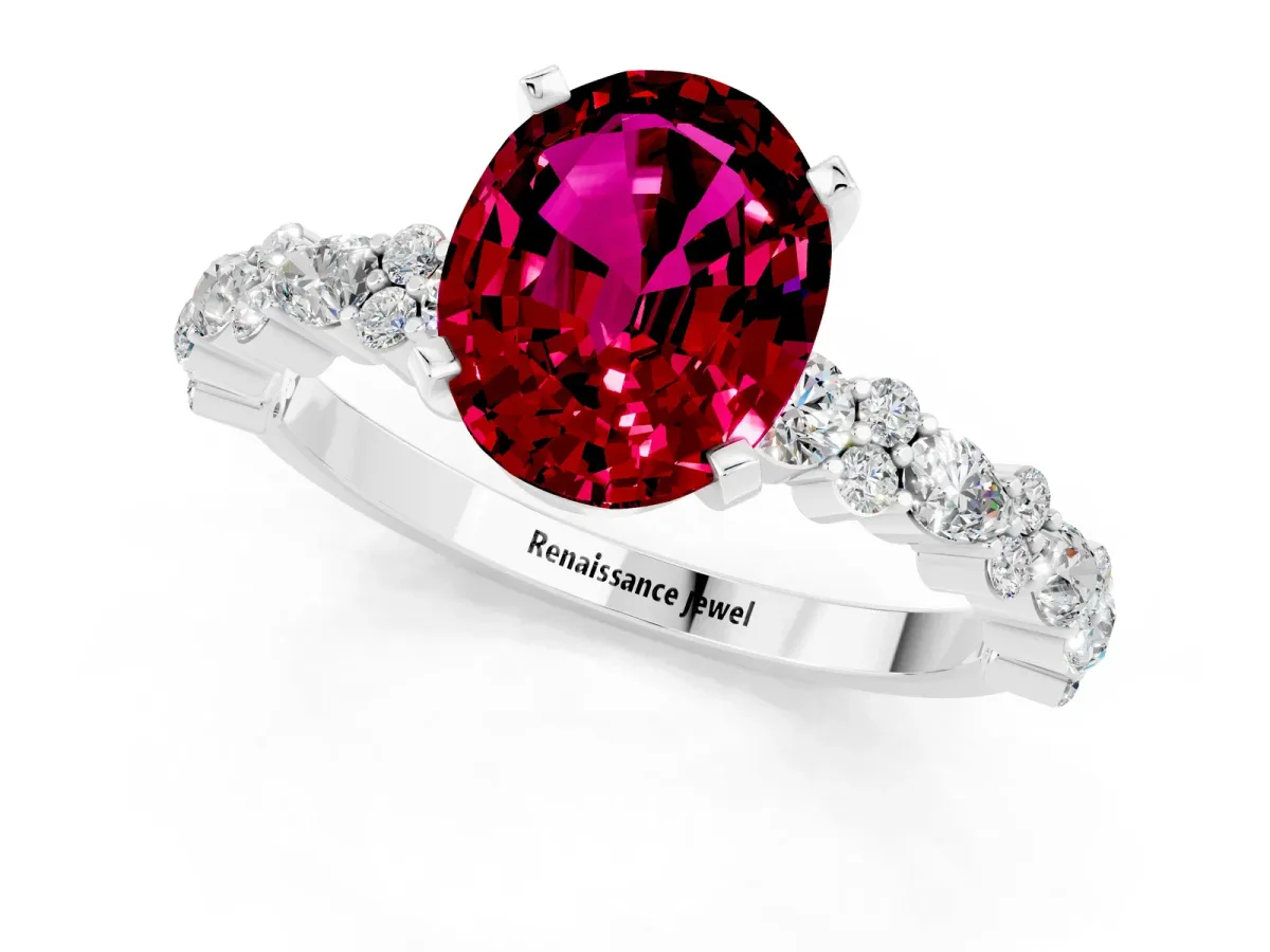 Oval Cut Garnet Side Stone Solitaire Ring with Round and Four-Prong Setting Silver
