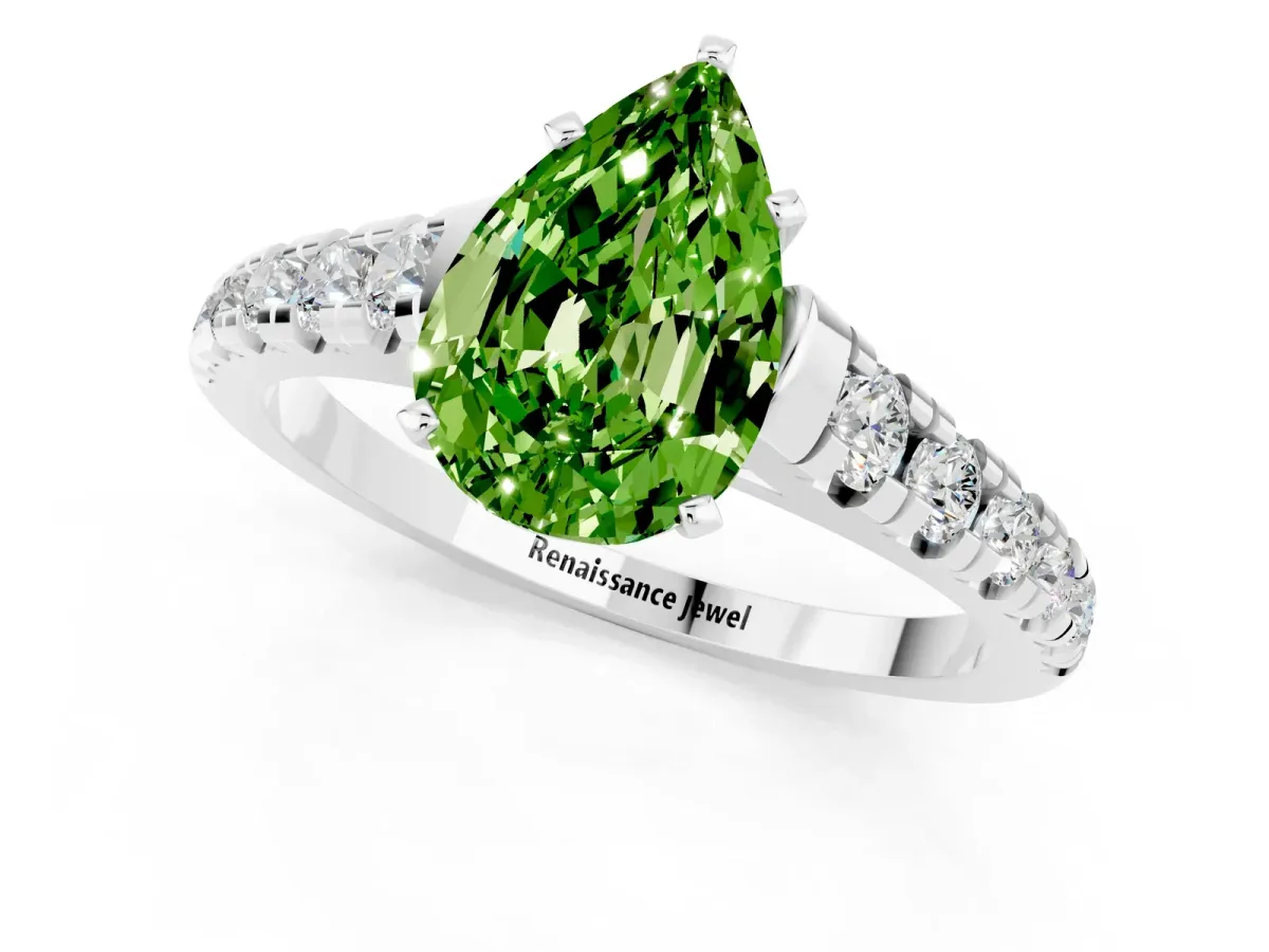 Pear Cut Peridot Cathedral Solitaire Ring with Round Pavé Band Silver