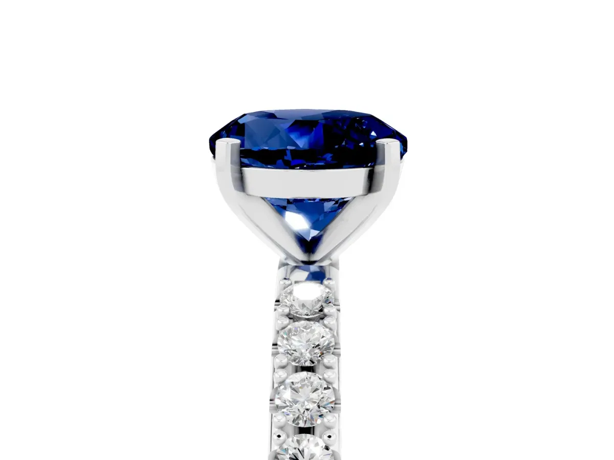 Round Cut Blue Sapphire Solitaire Pavé Band with Four-Prong Setting Platinum