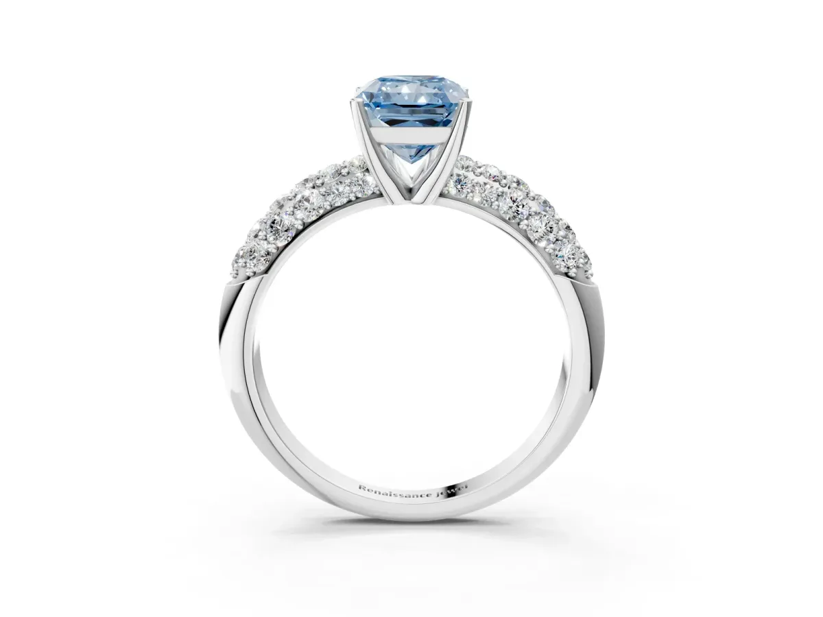 Fancy Blue Radiant Cut Diamond Pavé Band Solitaire Ring with Four-Prong Setting Platinum