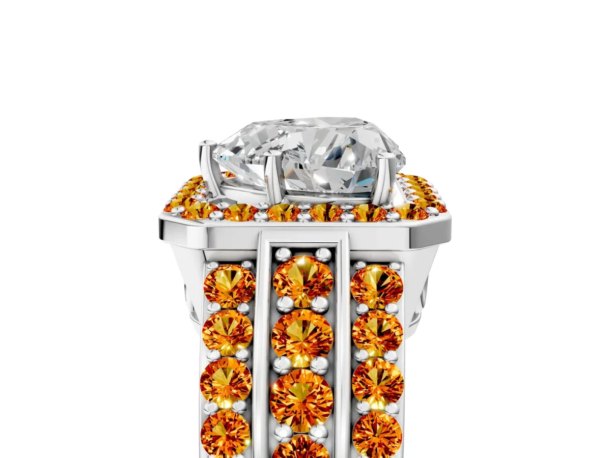 Heart Cut Halo Diamond Ring with Round Citrine Split Shank and Prong Setting Platinum