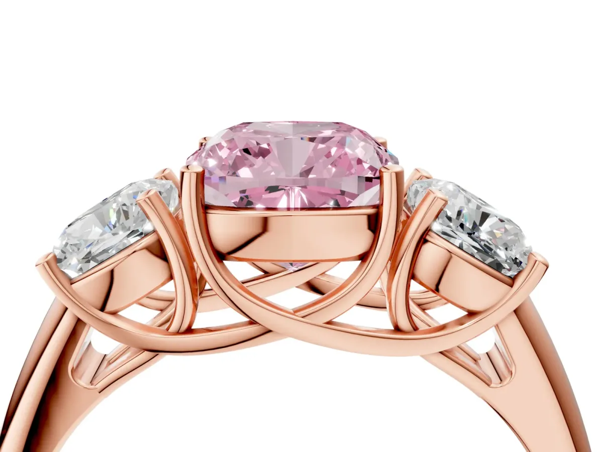 Fancy Pink Three-Stone Cushion Cut Diamond Engagement Ring with Prong Setting Rose gold