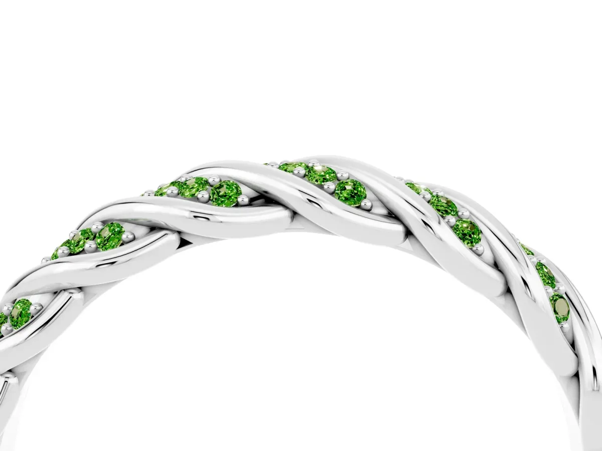 Twisted Pavé Round Peridot Eternity Band with Shared Prong Setting Platinum