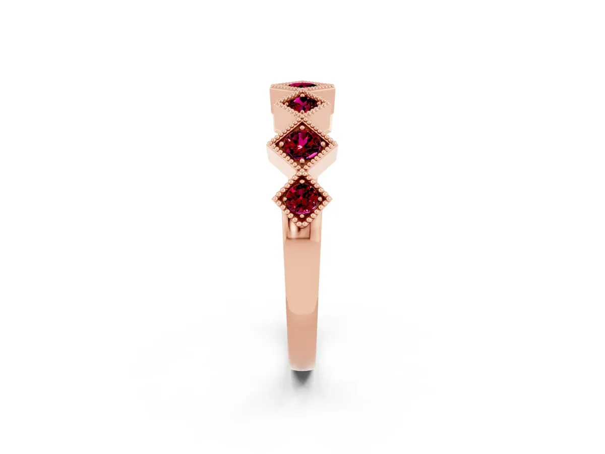 Milgrain Square Bezel Round Garnet Chevron Band Rose gold