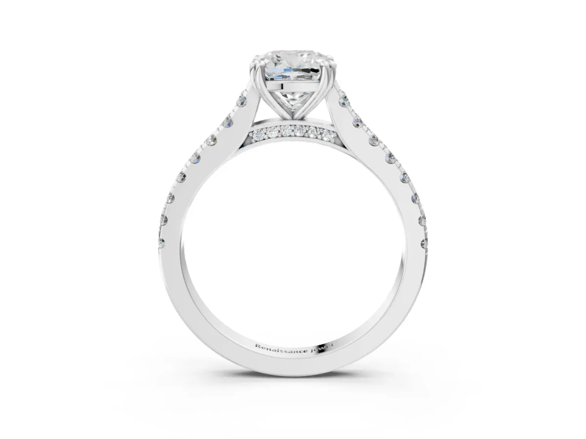 Cushion Cut Solitaire Pave Diamond Engagement Ring with Prong Setting White gold