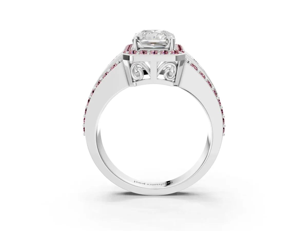 Radiant Cut Halo Diamond Ring with Round Morganite Split Shank and Prong Setting Platinum