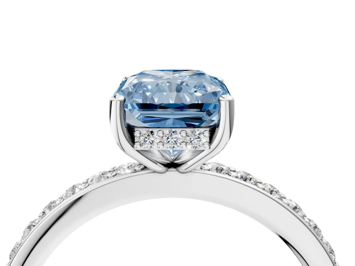 Fancy Blue Radiant Cut Cut Diamond Pavé Band Ring with Four-Prong Setting Platinum