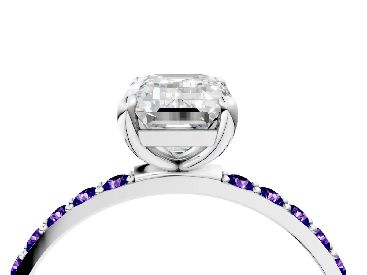 Emerald Cut Diamond Solitaire Ring with Round Tanzanite Pavé Band and Prong Setting Silver